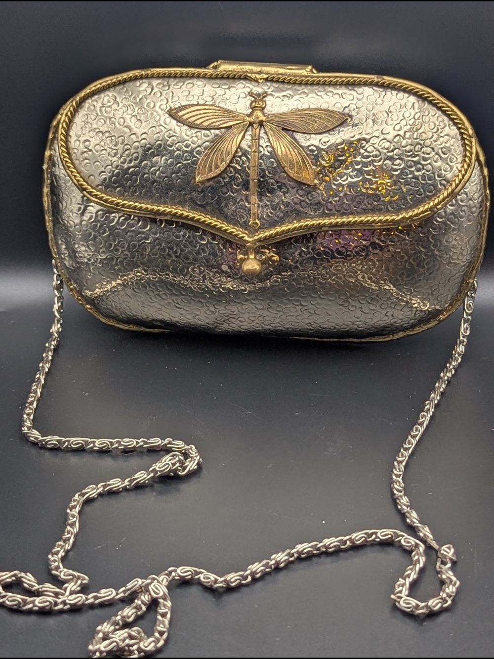 Rare- Lunacy Designs Mixed Metal Dragonfly Corded Clutch Purse